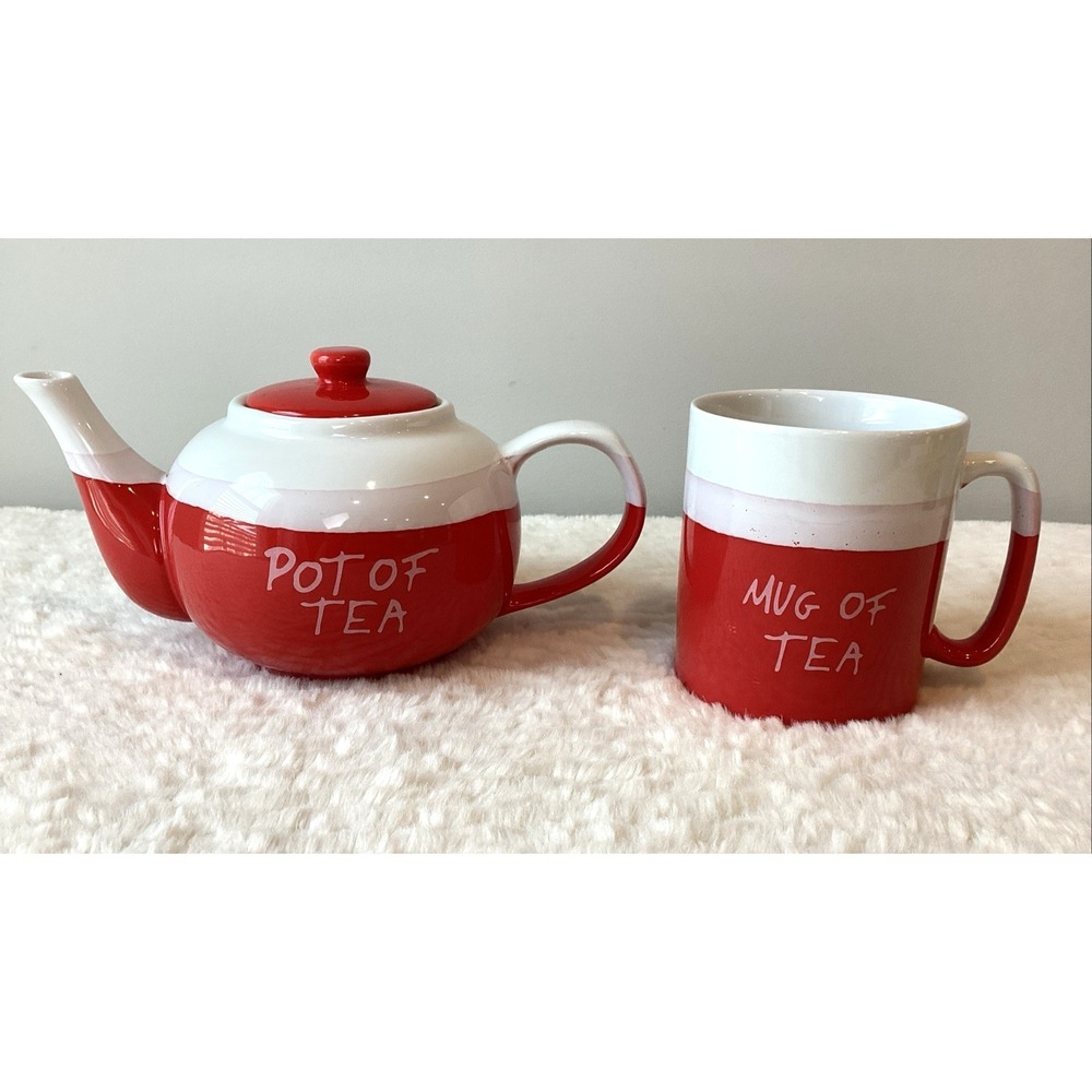 The Old Pottery Company Teapot & Mug of Tea 4.5" Size Red White Colorblock‎ Set